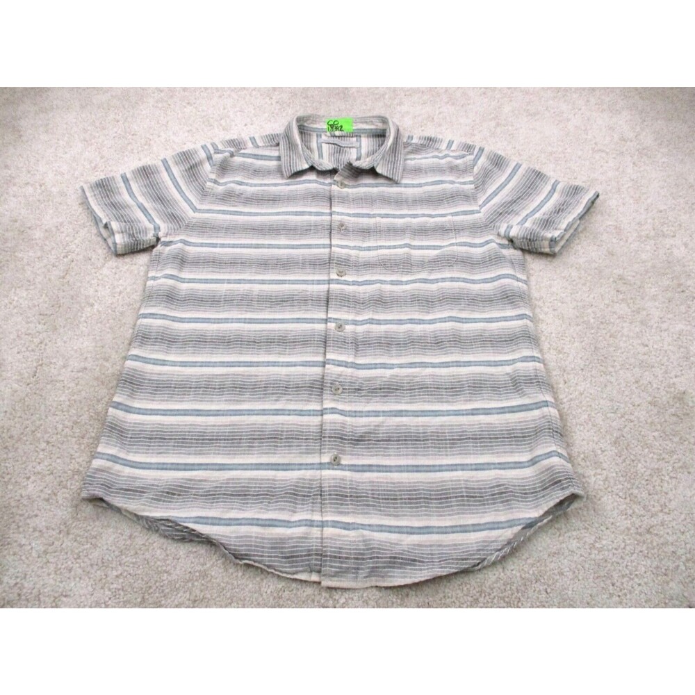 Outerknown Shirt Men Small S Gray Blue Striped Cotton Short Sleeve Button Up